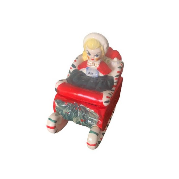 Mid Century Christmas Lefton Collectible // 1950s Candy Cane Girl on Sleigh - Picture 1 of 8